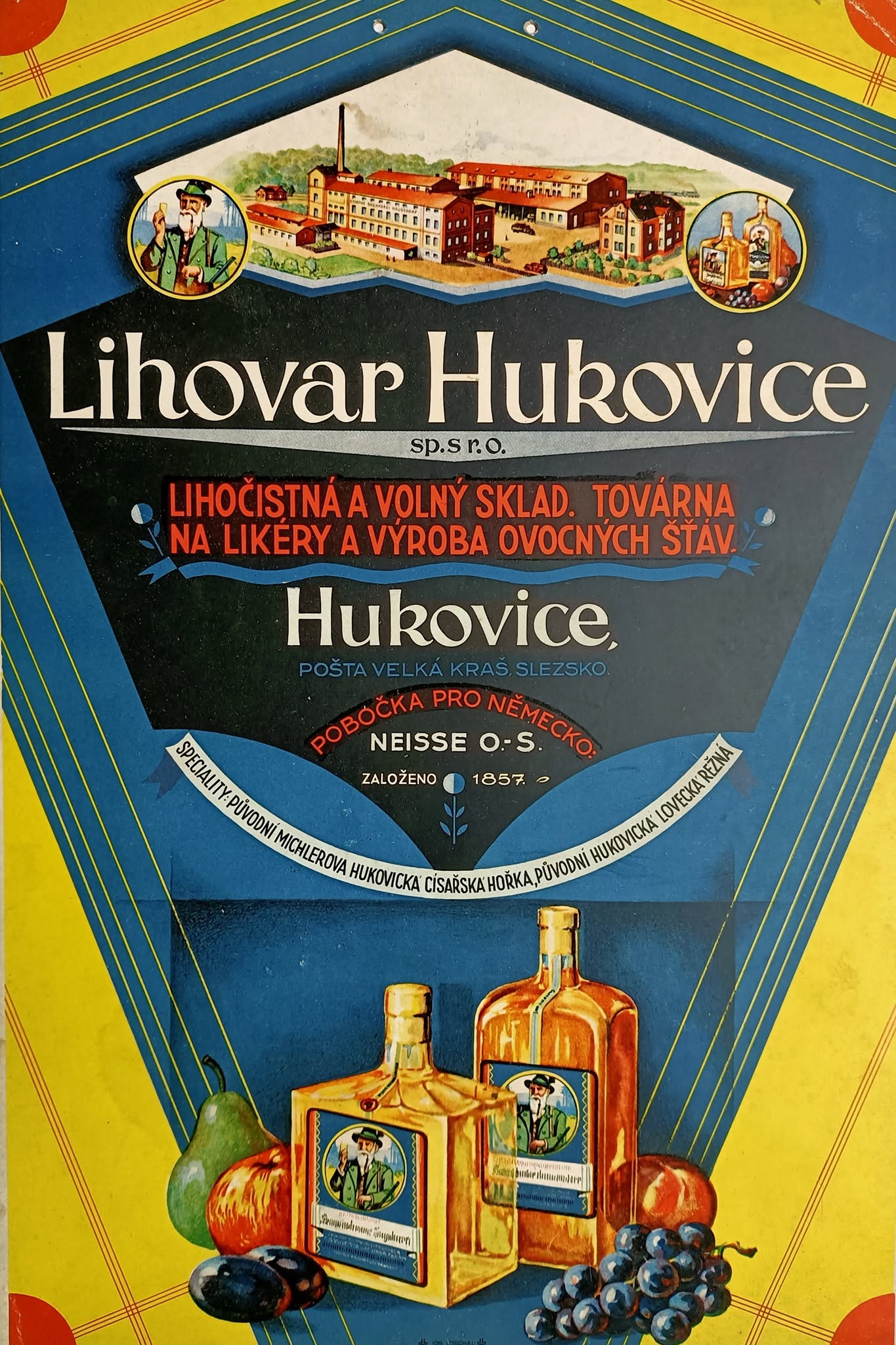 Historická etiketa Lihovar Hukovice s motivem budovy, lahví a ovoce